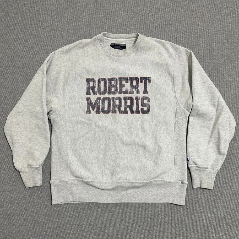 Vintage 90s Champion Reverse Weave Robert Morris Crewneck Sweatshirt Gray Mens M